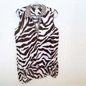 Chico’s NWT Brown & White Zebra Print Sleeveless Linen High Low Tunic Size 12